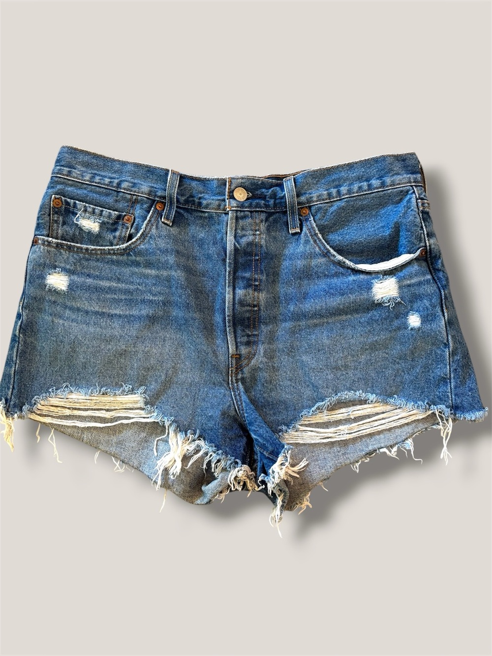 Levis 501 Denim Shorts Womens 32 Blue Original High Rise Distressed Frayed Hem